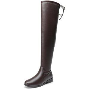 Women's Brown-pu Thigh High Low Block Heel Casual Fashion Over the Knee Boots